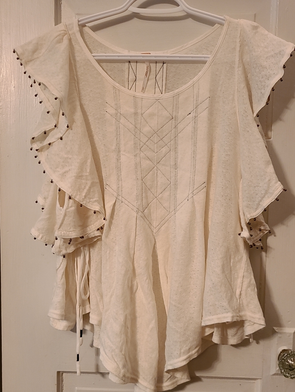 Free People Cream Ruffle Sleeve Embroidered Tunic